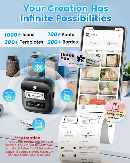 Phomemo Label Maker,M220 Label Printer,3 Inch Bluetooth Thermal Label Maker Machine with 6000+ Icons,700+ Templates,400+ Fonts,for Kids School Items,Small Business,Large Sticker