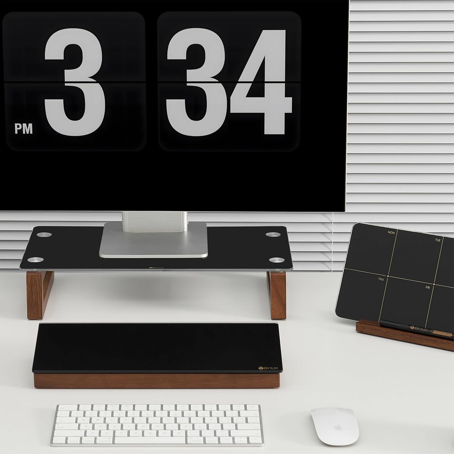 YEOUX Multi-Purpose Desktop Stand, Clear Floating Computer Monitor Riser with Natural Wood Base, Desk Organization Shelf for Printer, Laptop, Audio Device, Flat Screen