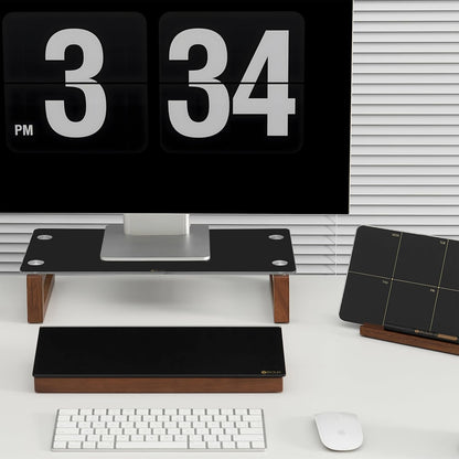 YEOUX Multi-Purpose Desktop Stand, Clear Floating Computer Monitor Riser with Natural Wood Base, Desk Organization Shelf for Printer, Laptop, Audio Device, Flat Screen