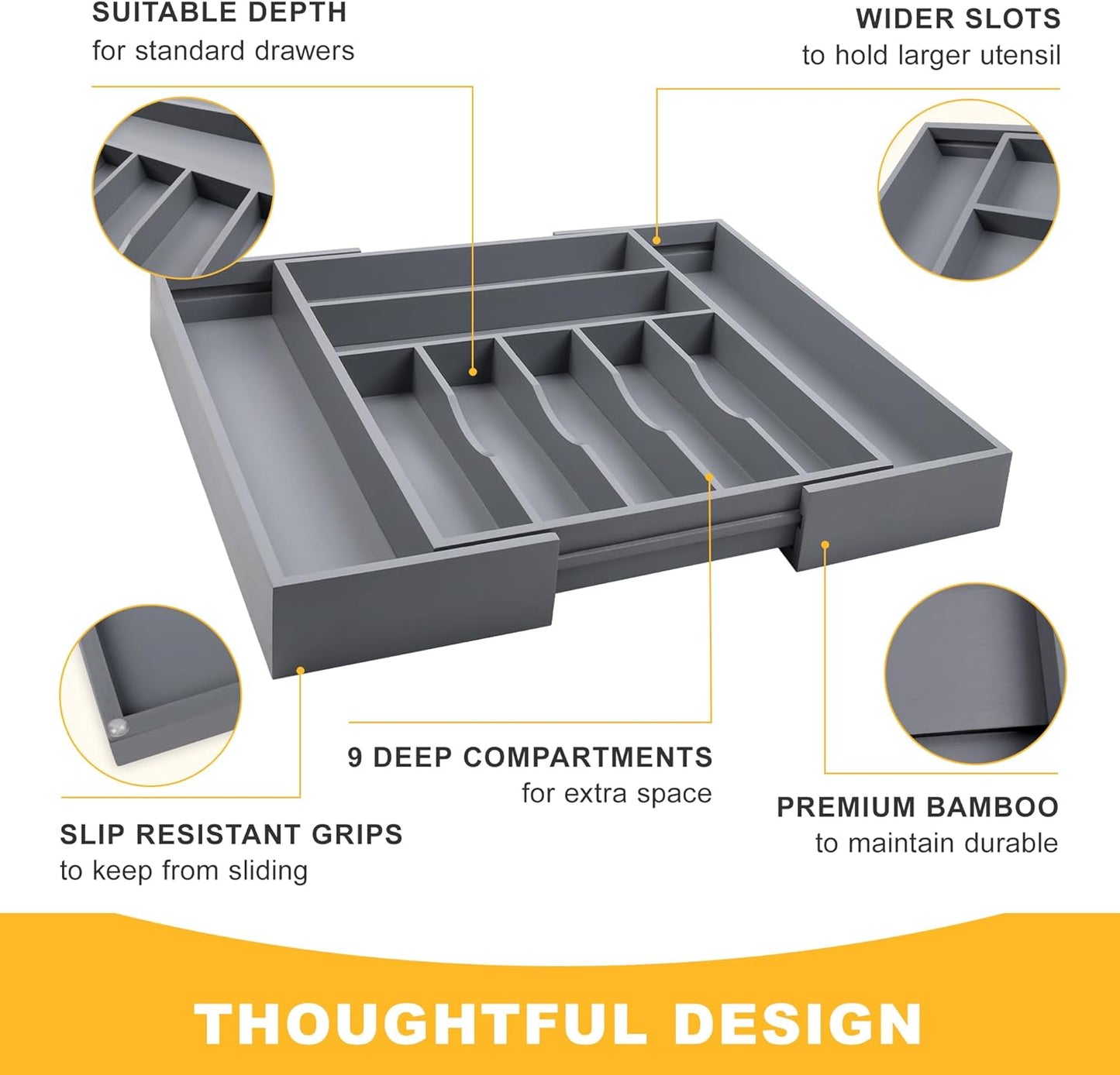 Expandable Bamboo Kitchen Drawer Organizer for Cutlery and Utensils, Adjustable Bamboo Wood Cutlery Tray in Drawer for Flatware and Silverware in Kitchen, (Natural)