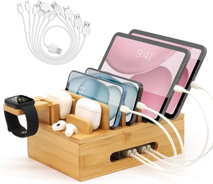 Bamboo Charging Station with Watch Stand, Desktop Charging Station Organizer, Wood Docking Station for Phones, Tablets, Watch, Earbuds (No Power Supply)