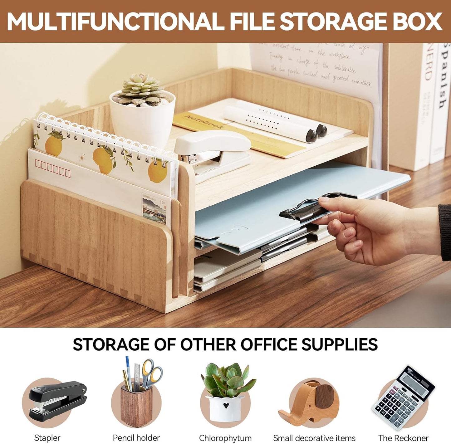 KIRIGEN Wood Desk Organizer 5 Trays - Desktop Document Letter Tray for Folders, Mail,File -Nature 3-Tier Office Mail Sorter Organizer Rack/Telephone Stand/Document Holder Dark Brown(2TP-DBR)