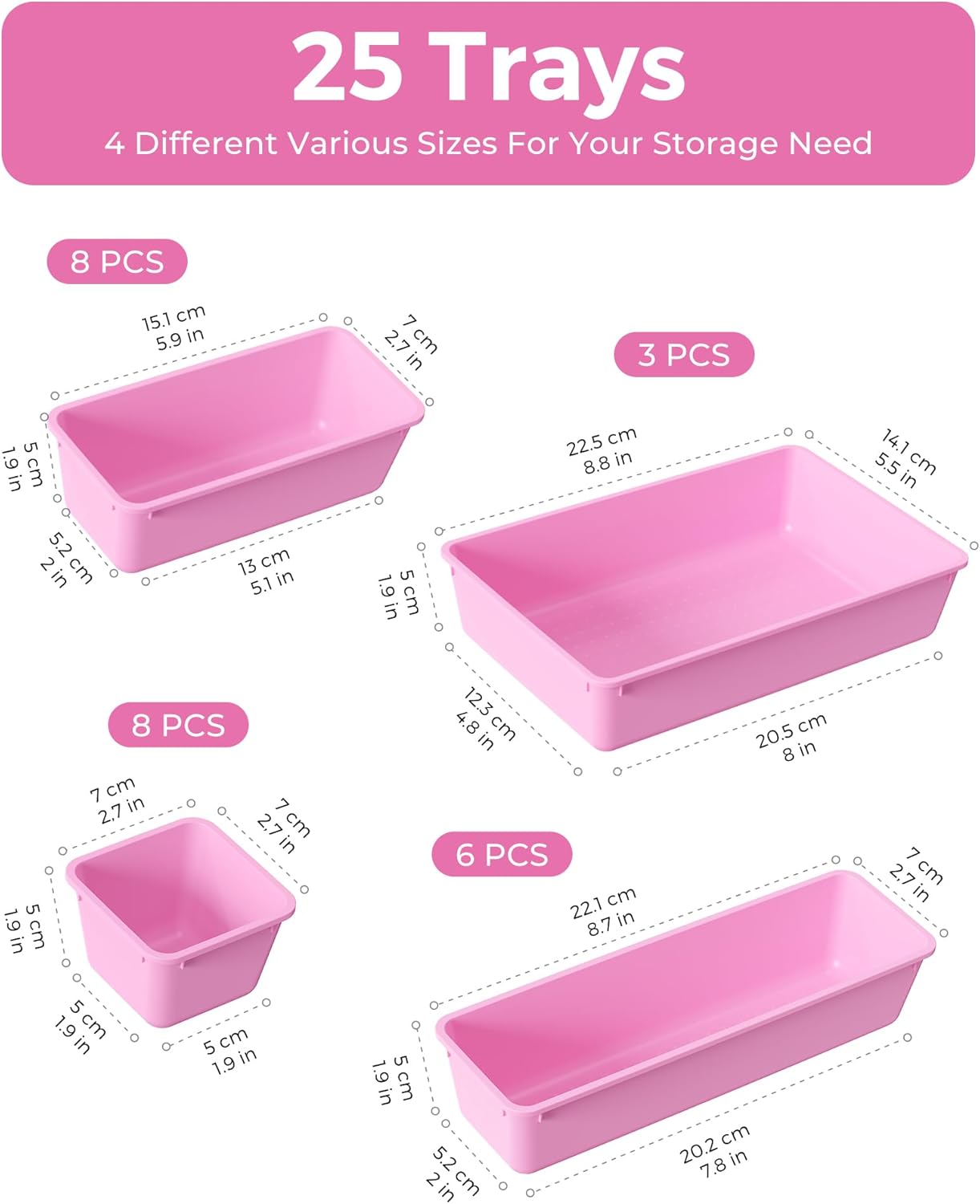 BiuLeon 25 PCS Plastic Drawer Organizers Set, 4-Sizes Vanity and Makeup Organizer, Desk and bathroom Drawer Organizer Trays, Organizers and Storage for Makeup, Jewelry, Gadgets, Utensils (Pink)