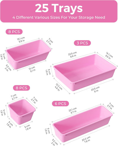 BiuLeon 25 PCS Plastic Drawer Organizers Set, 4-Sizes Vanity and Makeup Organizer, Desk and bathroom Drawer Organizer Trays, Organizers and Storage for Makeup, Jewelry, Gadgets, Utensils (Pink)