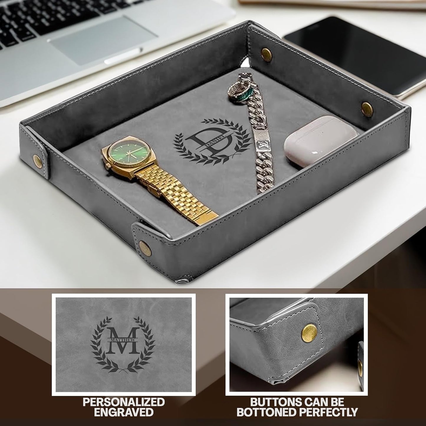Engraved Leather Valet Tray for Men – Personalized Catchall with Custom Name for Desk, Dresser, Nightstand – Men's Organizer Tray for Keys, Wallet, Jewelry, Personalized Gift for Home, Office - Coffee