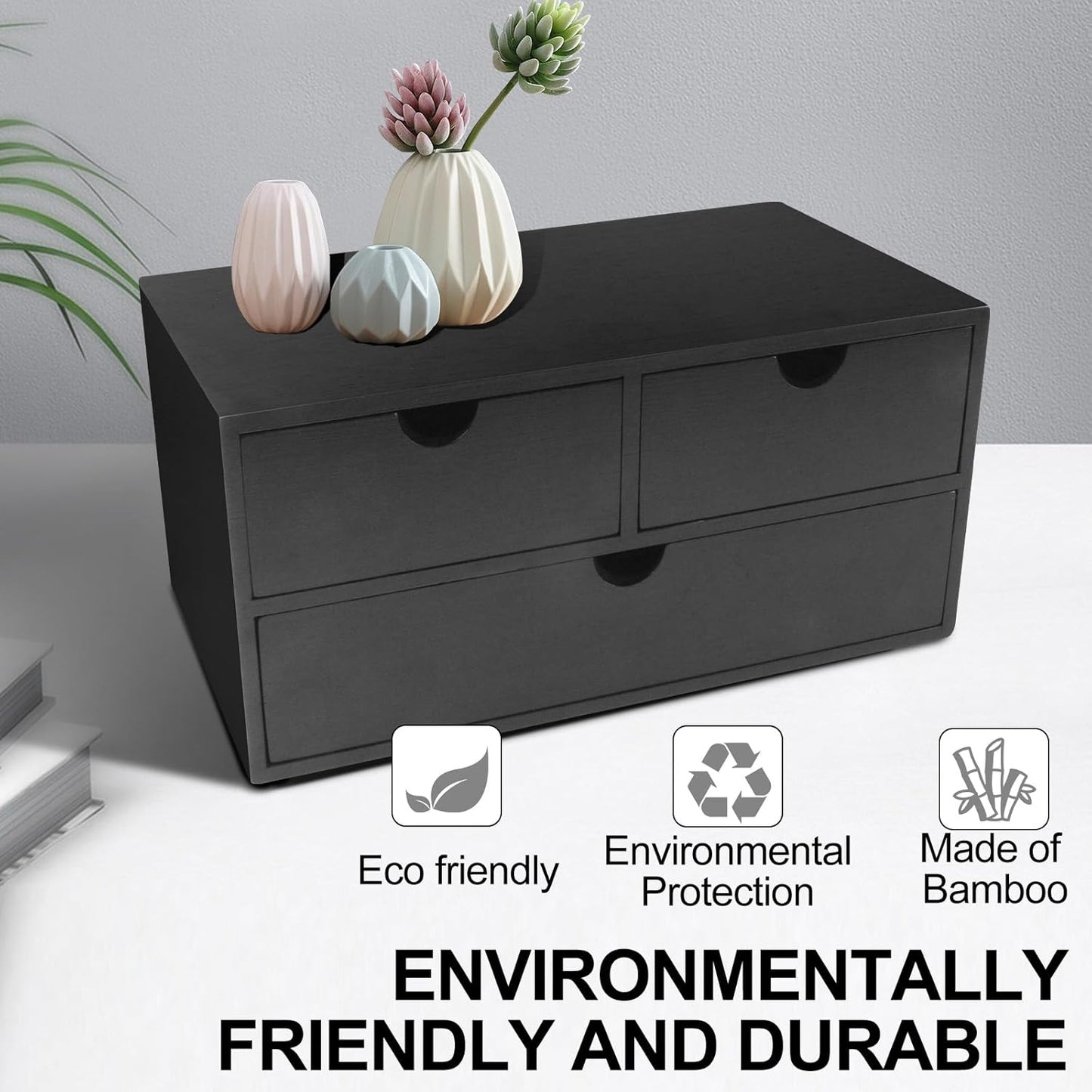 Charmewooden Desk Organizer with Drawers Countertop Drawers Organizer Tabletop Storage Organization Box Home Office Workspace Bathroom Toiletries Supplies (black with shelf)