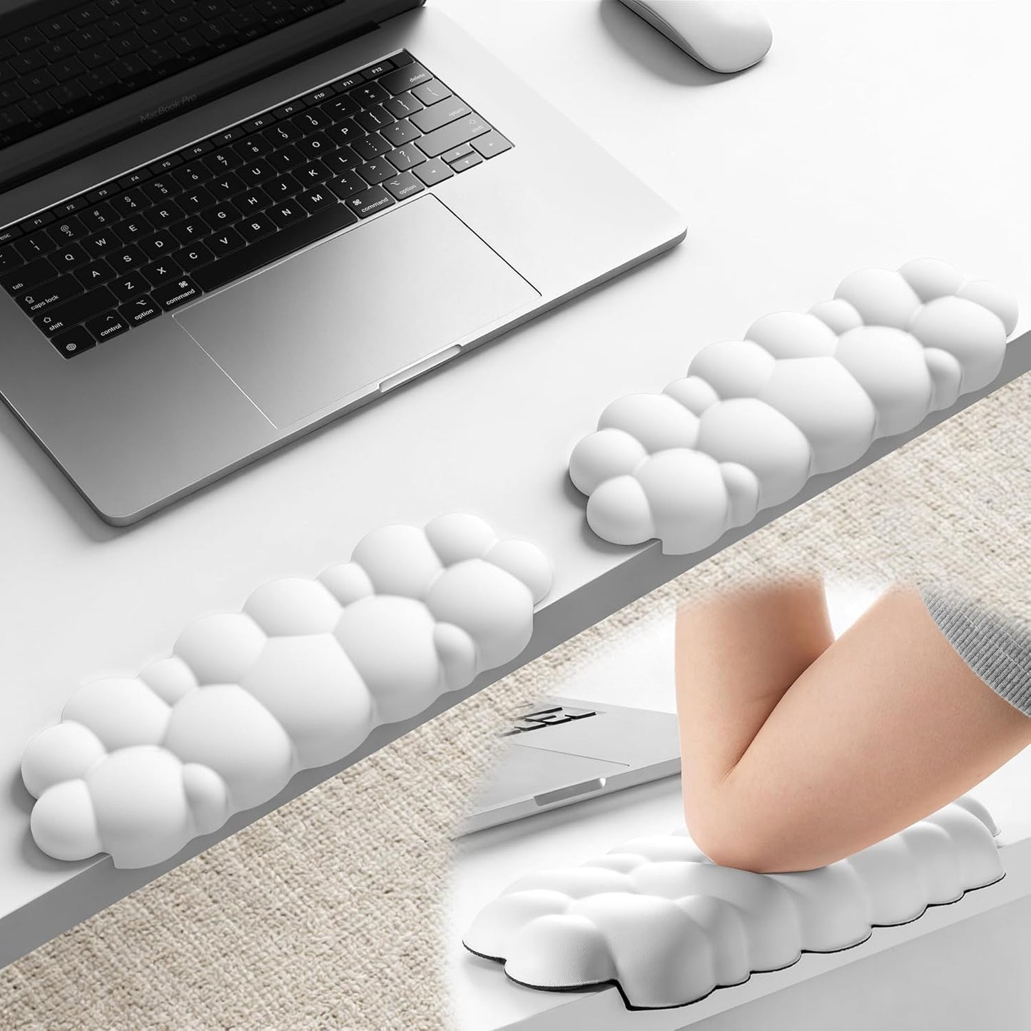 Laborio Elbow Pad for Desk, L-Shaped Desk Edge Arm Rest Cloud Wrist Rest, Non-Slip Memory Foam Wrist Pads, 2-Pack White Wrist Support for Keyboard, Mouse, Laptop