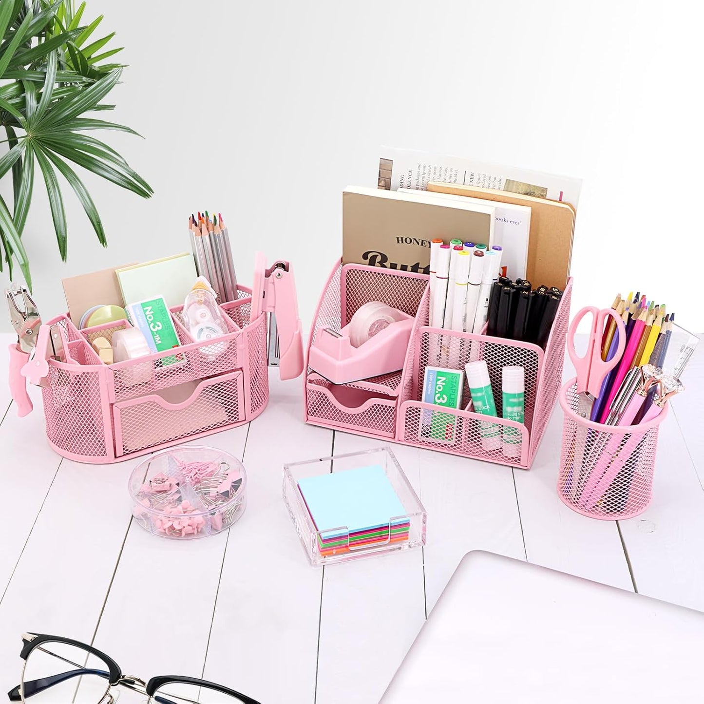 17 in1 Silvery Desk Organizers and Accessories Set, 3 Office Desk Supplies Storage Organization, 4 Pens, Stapler, Staples & Remover, Tape & Dispenser, Scissors, Ruler, Clips, Hole Punch Back to School