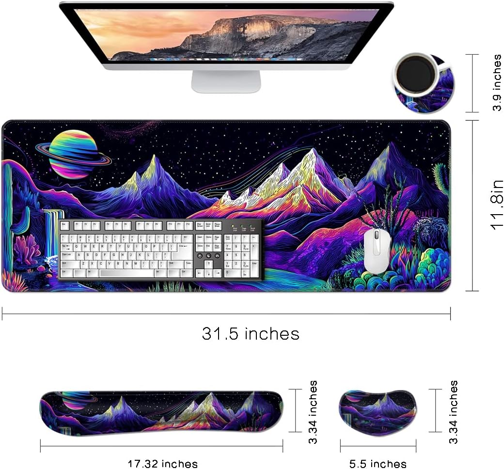 MIBITRI Keyboard Mouse Pad Set, Extended Gaming Mouse Pad+Ergonomics Keyboard Wrist Rest Support, Memory Foam, Easy Typing Pain Relief, 4Pcs XXL Ultra Thick Desk Mat, Enchanted Bookshelf