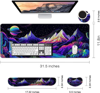 MIBITRI Keyboard Mouse Pad Set, Extended Gaming Mouse Pad+Ergonomics Keyboard Wrist Rest Support, Memory Foam, Easy Typing Pain Relief, 4Pcs XXL Ultra Thick Desk Mat, Enchanted Bookshelf