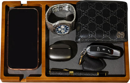Shinpuru Wooden Valet Tray for Men, Nightstand Organizer with Leather Inlay, EDC Essentials Catchall Tray for Keys, Phone, Wallet, Watch, Earbuds - Bedside Desk Entryway Tray (Wood)