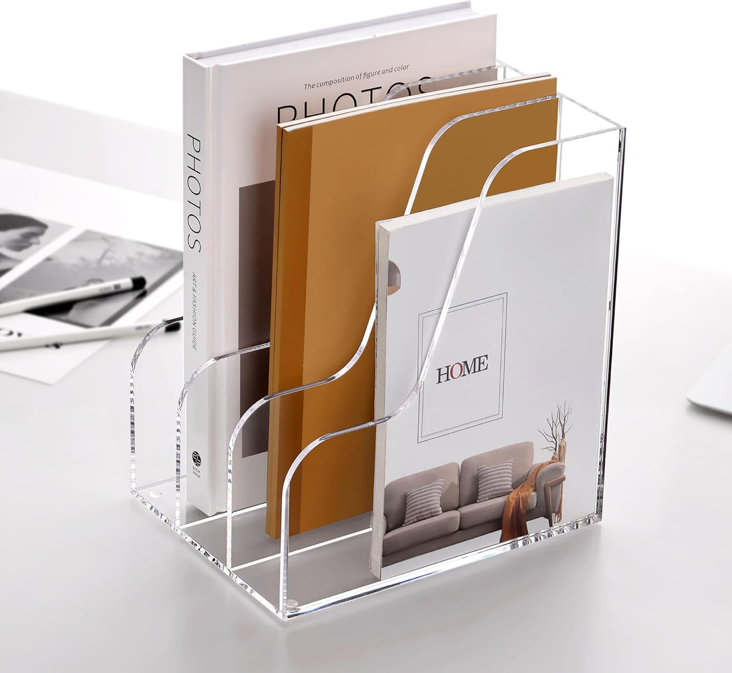 SANRUI Acrylic File Organizer, Clear Magazine File Holder Desk Organizer for Office Organization and Storage with 5 Vertical Compartments, Desktop Bookshelf for Home Office Organization