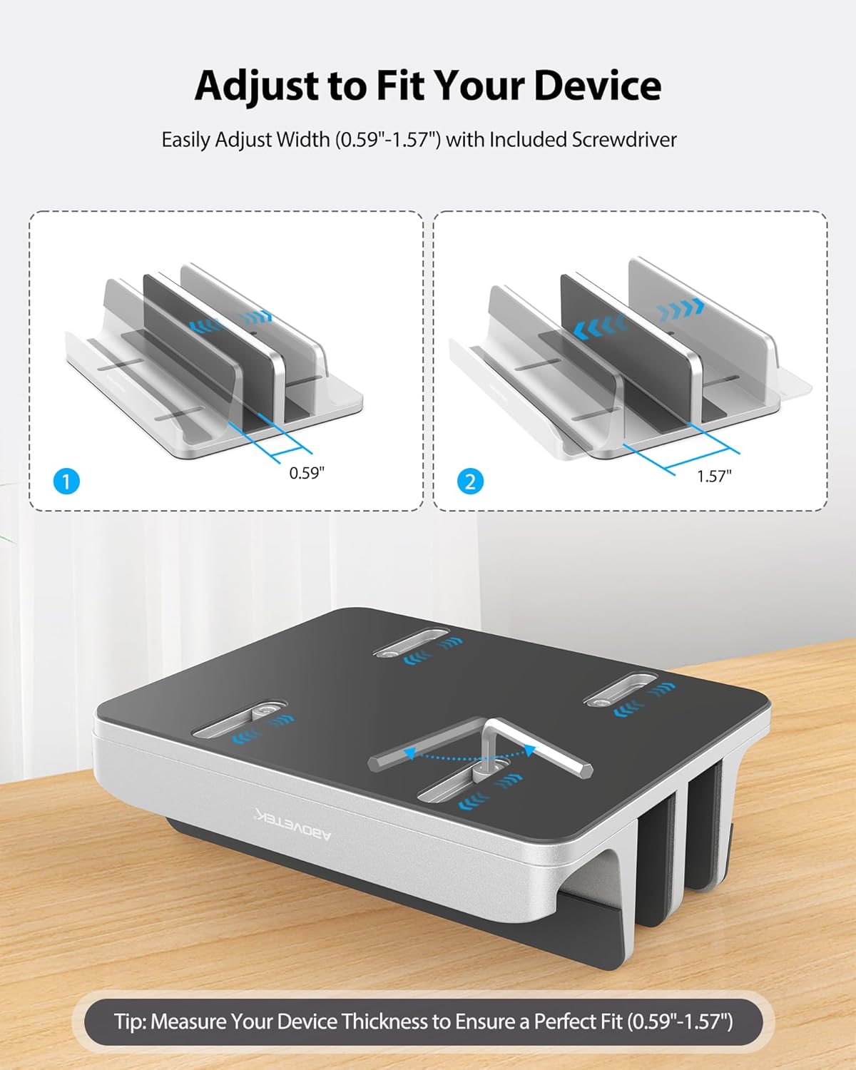 AboveTEK Vertical Laptop Stand, 3 Slots Aluminum Desk Laptop Holder & Laptop Docking Station Stand for MacBook, Tablet, Phone - Universal Fit (Up to 17.3") - Heavy Duty Polished, Anti Slide - Silver