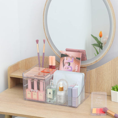 Cq acrylic 2 Pack Clear Make up Organizer Countertop,Stackable 5 Drawers Makeup Storage,Cute Vanity Organizers for dresser Hair Clip,Jewelry,Beauty Product Desk and Bathroom Organizers and Storage