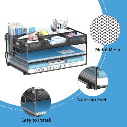 DALTACK 3 Tier Paper Organizer with Handle, Mesh Metal Desk Organizer with Sliding Paper Trays for Letter/A4 Paper, Mail, Bills & Folders, Black