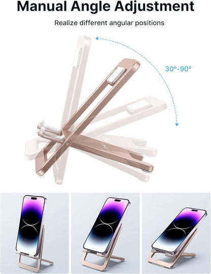JSAUX Cell Phone Stand, Foldable Aluminum Adjustable Phone Holder for Desk Portable Travel Essentials Office Accessories for iPhone 17 16 15 14 13 Pro Max Samsung S25 S24 S23 Ultra Kindle-Gray