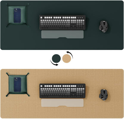 DAWNTREES Dual Sided Desk Mat,Leather Desk Pad,Cork Desk Mat Protector,with PU Leather Valet Tray Organizer,Large Mouse Pad,Desk Writing Pad for Office and Home(Dark Green 31.5"x15.8")