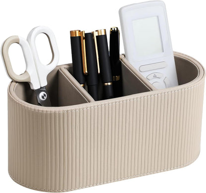 Aesthetic Remote Control Holder, PU Leather Pen Holder for Desk with 3 Compartments for Home Office Supplies and Accessories, Stylish Bedside Remote Holder Nightstand Desktop Organizer (Beige)