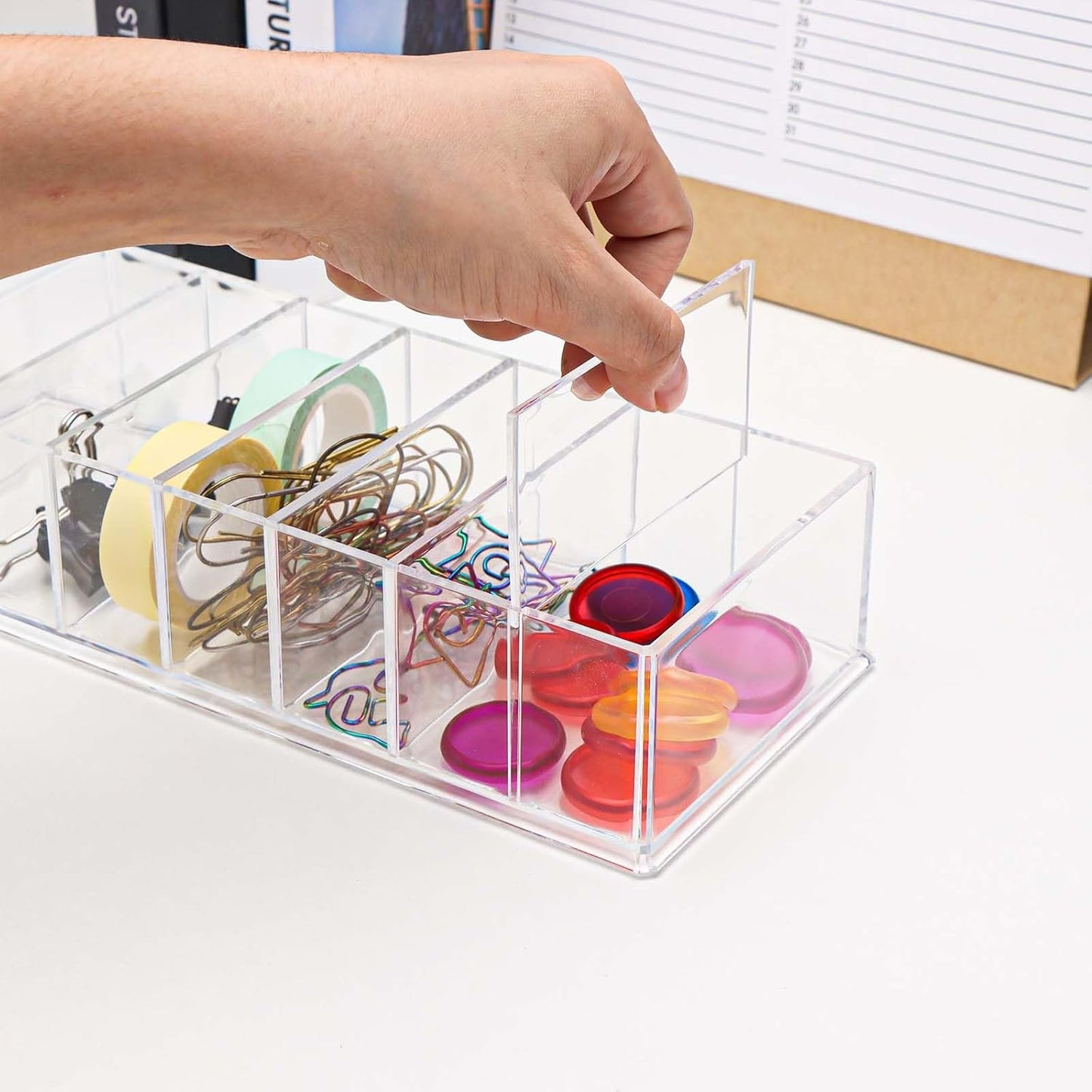 NatSumeBasics Clear Drawer Organizer 6-Section Desk Compartment Acrylic Tray Holder, 3.3" Width not for Storage Credit Cards Business Card, Office Accessories Supplies (Small)