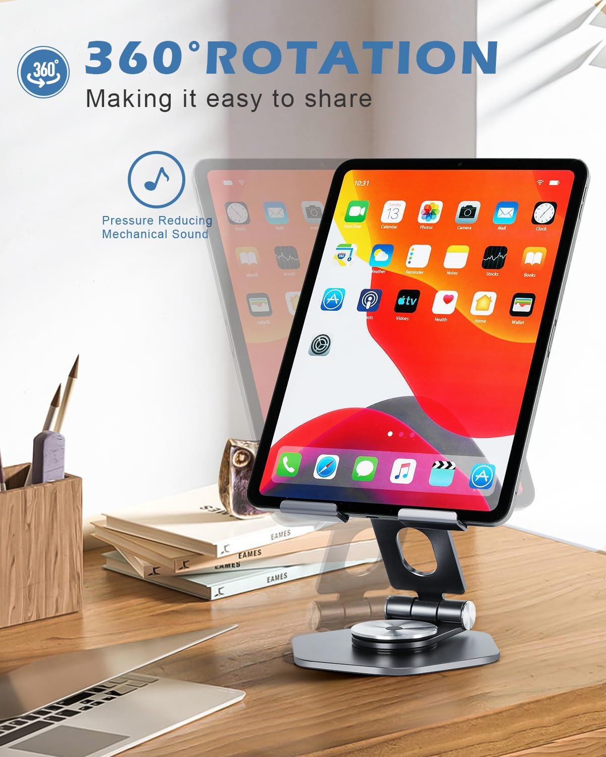 Aluminum Tablet Stand for Desk, 360° Swivel iPad & Tablet Holder – Thickened Material & Foldable Desktop Mount for 5–12.9in Devices, Black