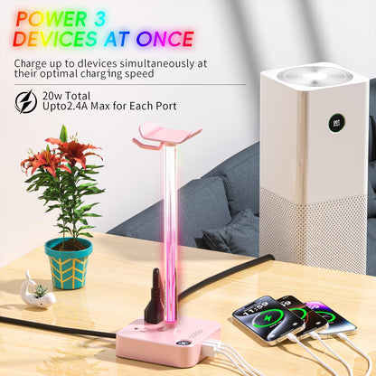 COZOO Headphone Stand with USB Charger Desktop Gaming Headset Holder Hanger with 3 USB Charging Station and 2 Outlets Power Strip,Suitable for Gaming, DJ,Wireless Earphone Display, Gamer Gifts for Men