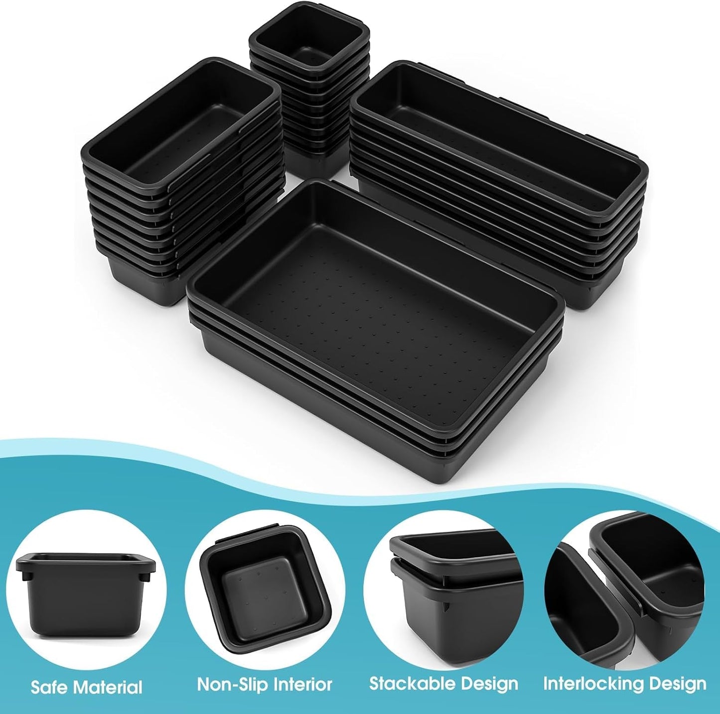 StoreHappily 10 PCS Drawer Organizer Set, 4 Size Makeup Drawer Divider Organizer With Non-Slip Pads, Interlocking Plastic Storage Bins for Office,Jewelry Vanity,Gadgets, Bathroom,Kitchen, Black
