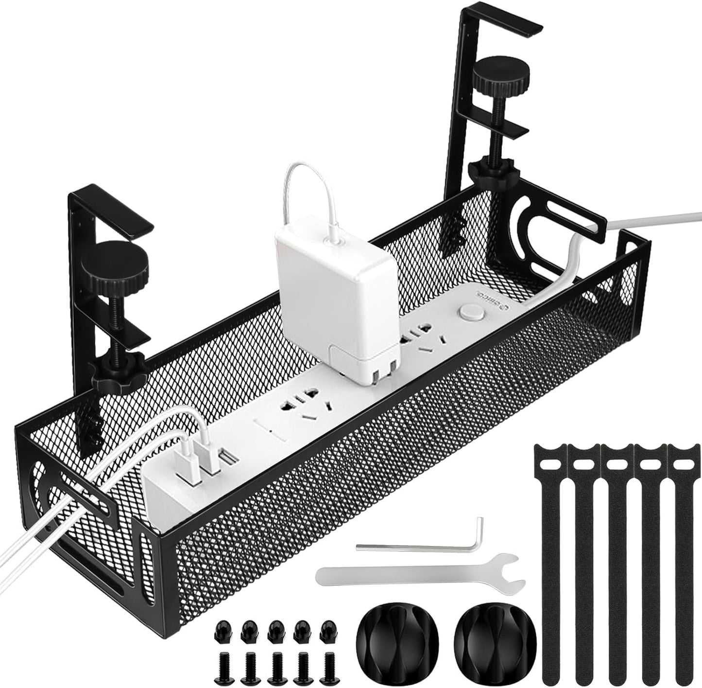 Cable Management, 25'' Cable Management Under Desk No Drill, Metal Cord Organizer with Clamp for Standing Desk, Cable Organizer for Home Office, Black