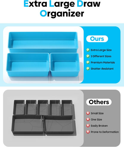 10 Pack Large Size Plastic Drawer Organizers Set, 3 Sizes Desk Drawer Organizer Trays, Storage Bins for Vanity, Makeup, Bathroom, Kitchen Utensils and Office (Black)