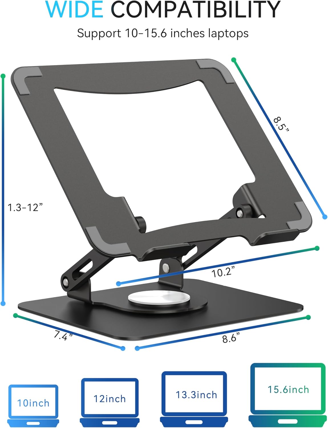 SOUNDANCE 360 Rotating Laptop Stand, Ergonomic Computer Riser for Desk, Adjustable Height Multi-Angle Metal Holder, Foldable Portable Notebook Elevating Base for Office & Home, Silver Grey