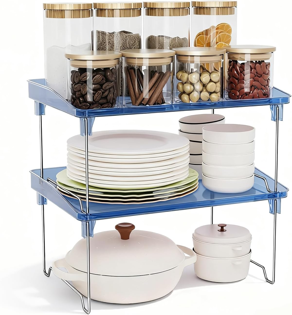 STARLATTA 2 Pcs Cabinet Organizer Shelf, Stackable Kitchen Counter Shelves, Spice Rack,Countertop Organizers, Clear Plastic Storage Shelves Rack for Makeup,Bathroom,Cupboard,Desk,Pantry Organization
