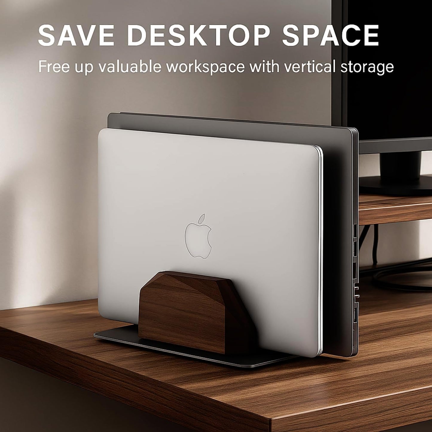 Walnut Wood Vertical Laptop Stand, Dual Slot Wooden Laptop Holder Vertical for Desk, Width Adjustable Dock Compatible with MacBook Pro and Universal Gaming Laptops