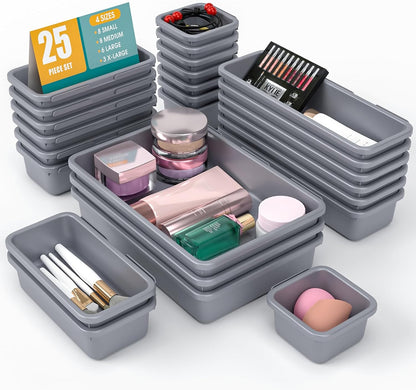 StoreHappily 10 PCS Drawer Organizer Set, 4 Size Makeup Drawer Divider Organizer With Non-Slip Pads, Interlocking Plastic Storage Bins for Office,Jewelry Vanity,Gadgets, Bathroom,Kitchen, Black