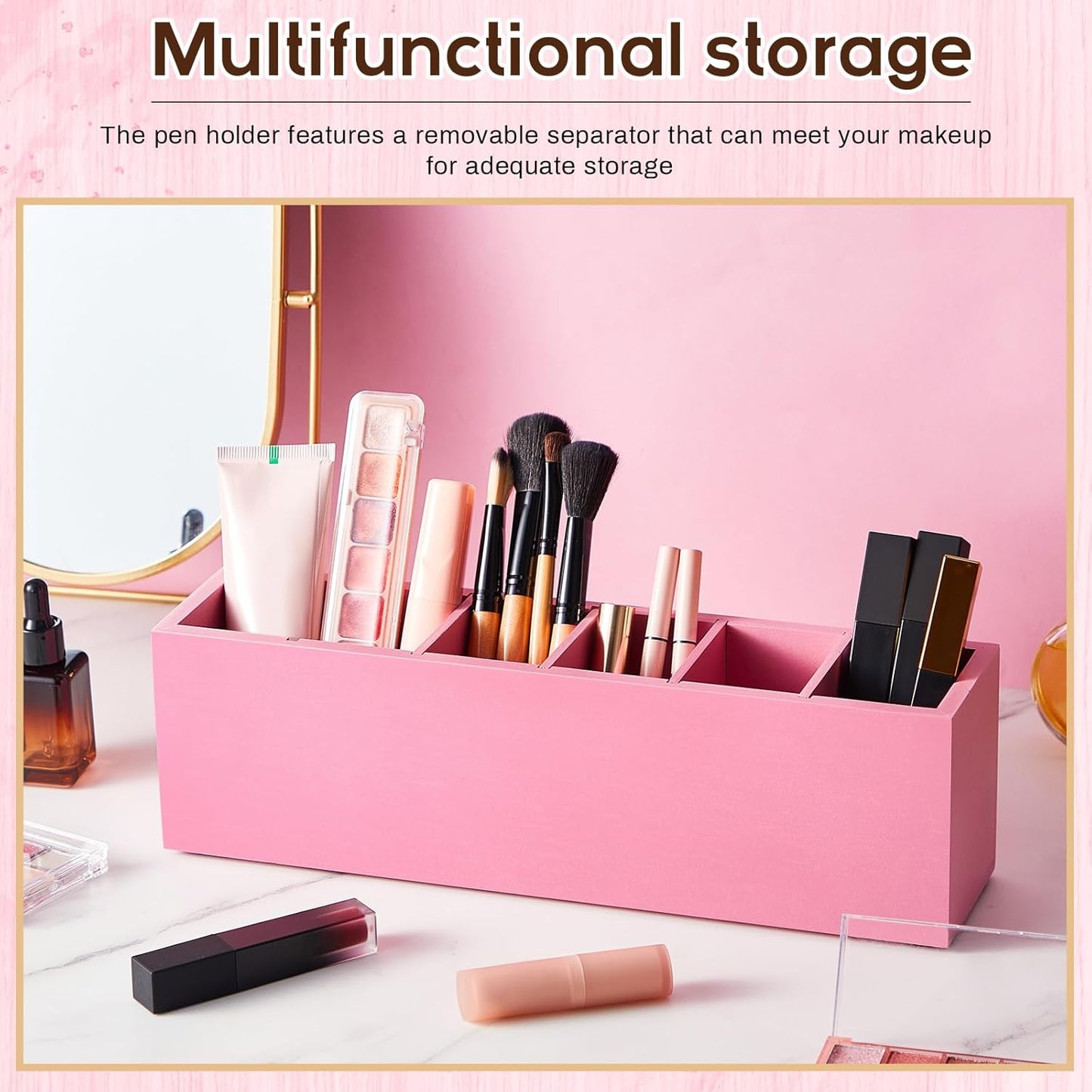 Jetec Wooden Pencil Holder 5 Compartments for Desk Adjustable Pen Holder Wood Office Desk Organizers and Accessories Makeup Brush Organizer for Pen, Home, Office and Art Supplies (White)