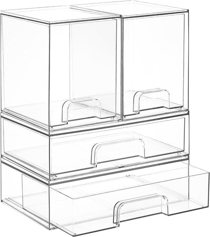 Vtopmart Stackable Storage Drawers Set of 4, Clear Plastic Organizer Bins for Bathroom Supplies,Ideal for Cabinet,Pantry,Laundry Room Organization