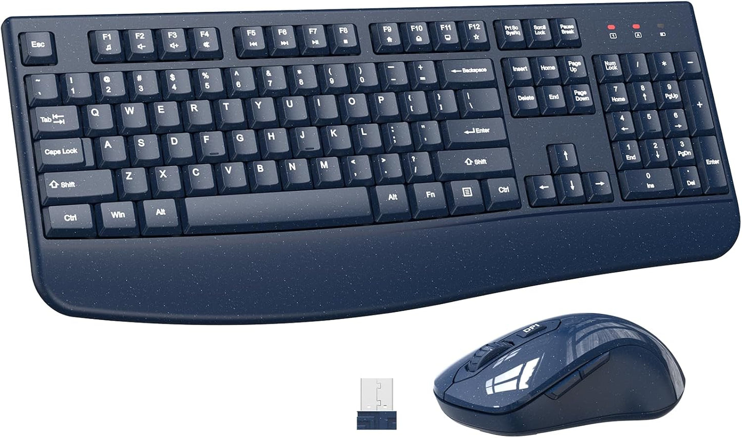 Wireless Keyboard and Mouse Combo, 2.4G Full Size Wave Keys Ergonomic Keyboard with Wrist Rest and 3-Level DPI Adjustable Wireless Ergonomic Mouse for Windows, Mac OS Desktop/Laptop/PC(Black)