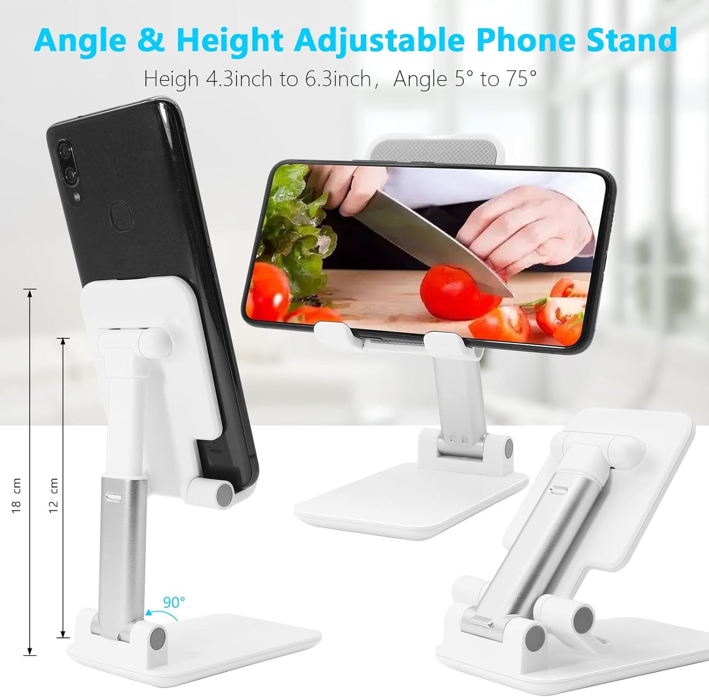 Cell Phone Stand, Folding Desktop Phone Stand, Angle Height Adjustable Mobile Phone Holder for Desk, Office, Tablet Stand Compatible with All Phones 4-10 Inches Cell Phone/Tablet (Black)