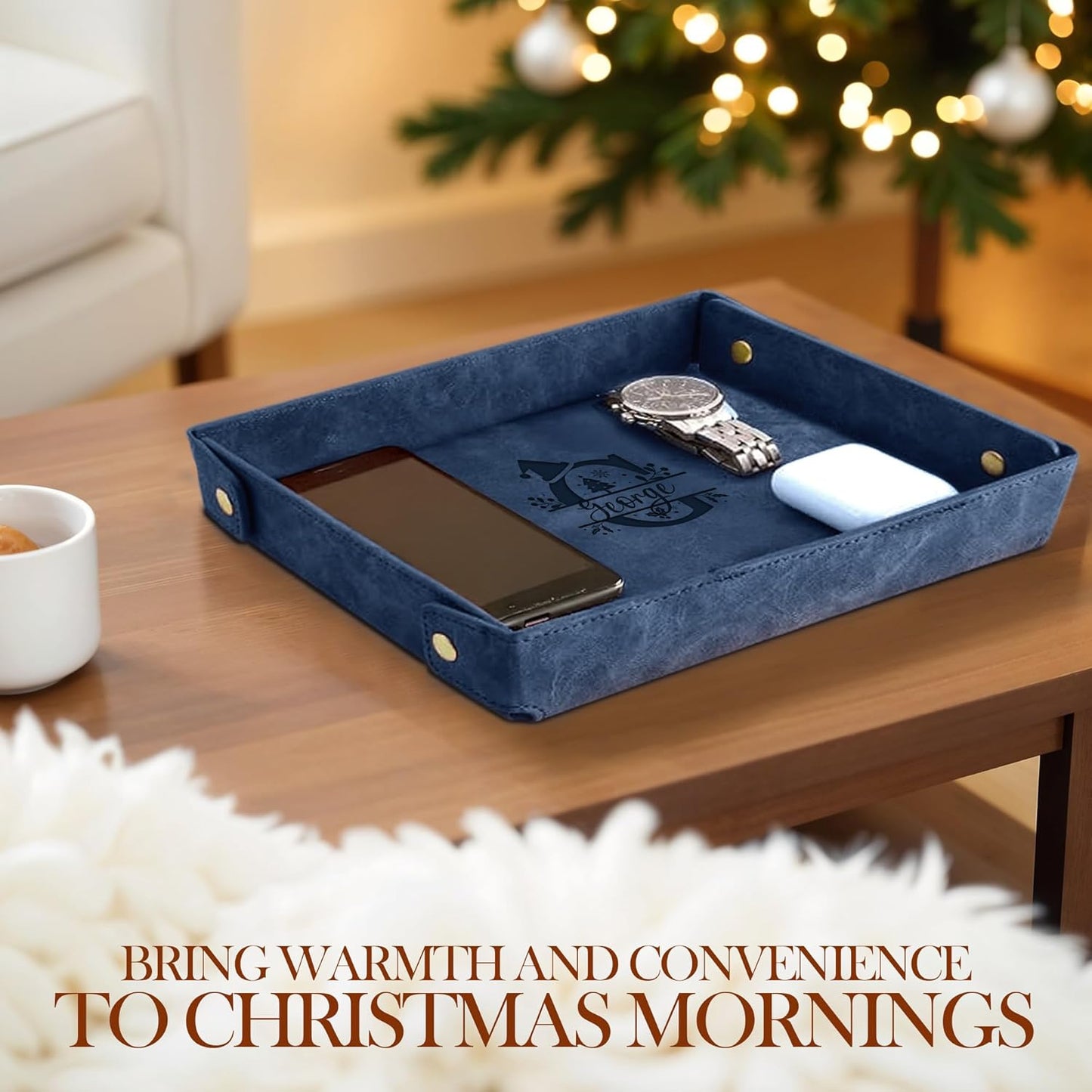 Engraved Leather Valet Tray for Men – Personalized Catchall with Custom Name for Desk, Dresser, Nightstand – Men's Organizer Tray for Keys, Wallet, Jewelry, Personalized Gift for Home, Office - Coffee