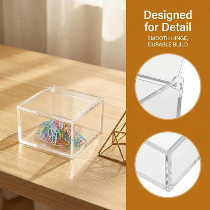 Small Acrylic Box with Lid for Paper Clips Rubber Bands Sticky Notes Hair Ties Clear Plastic Organizer Container for Desk Drawer Office Supplies Bathroom Accessories Clip and Tie Holders