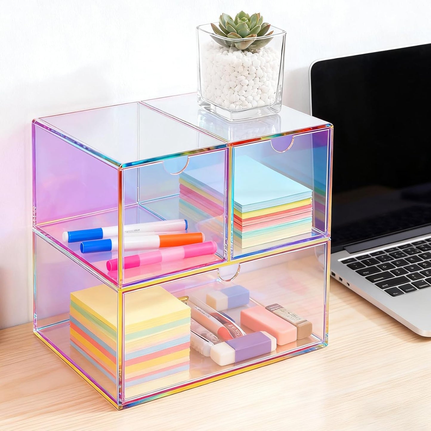 Gelite Desk Organizer with 3 Storage Drawers for Makeup Office Acrylic Desktop Drawer Organizer for Vanity Office Organization and Storage Box, Neon Pink