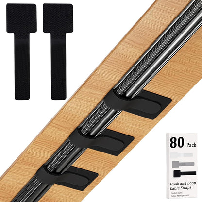 80PCS Hook and Loop Cable Straps, Cable Management Under Desk, Adhesive Cable Ties, Reusable Wire Organizers for Cords, Cords Management, Computer Accessories for Desk, Home Office Essentials, Black
