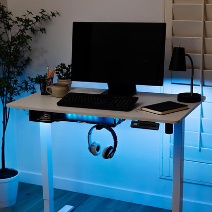 VI+AL Under Desk Laptop Mount - Hidden Metal Shelf with Side Storage, Hook & Cable Organizer - Installs with Tape & Screws - Fits Devices up to 1.7" Thick - Deluxe + LED (USB Light Strip & Remote)