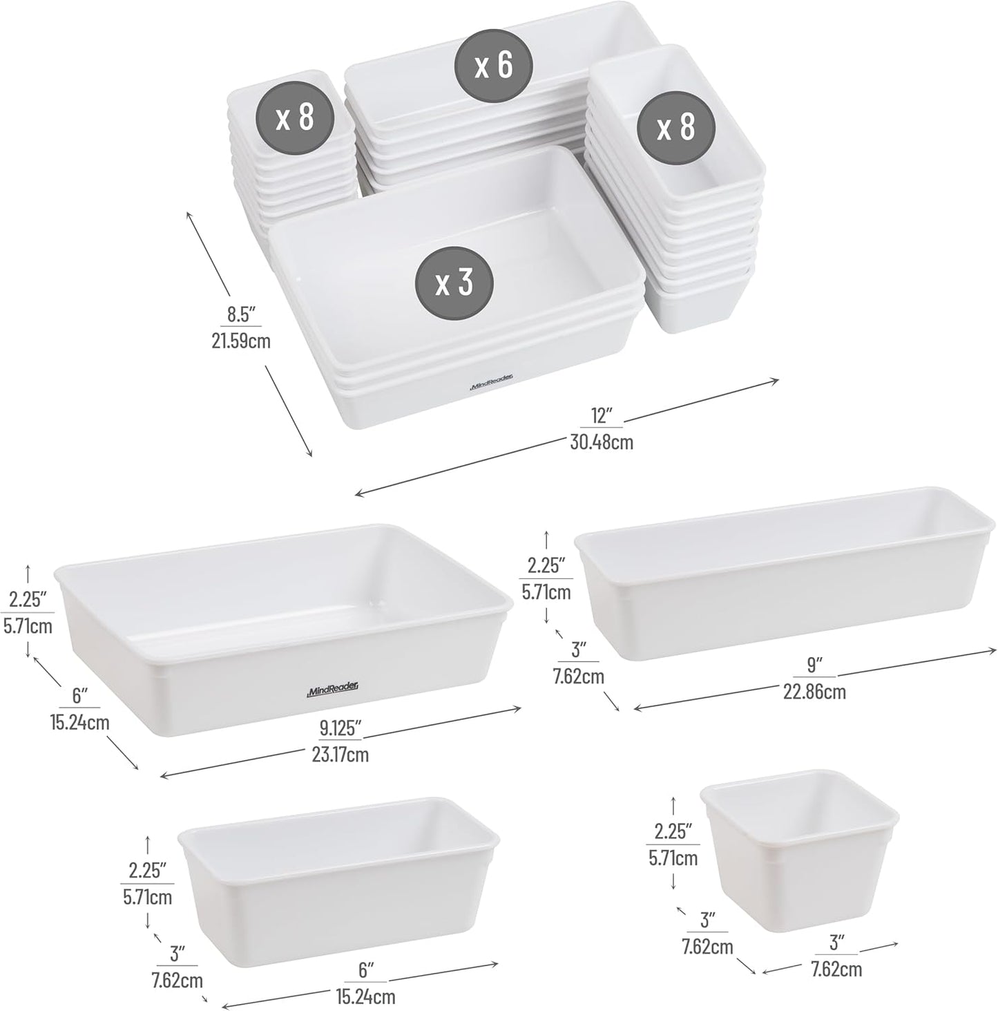 Mind Reader 8-Piece Drawer Organizer Set, Storage Trays for Kitchen, Bathroom, Office, Makeup, Jewelry & More, Junk Drawer Tray, Utensil Holder, Plastic, Clear