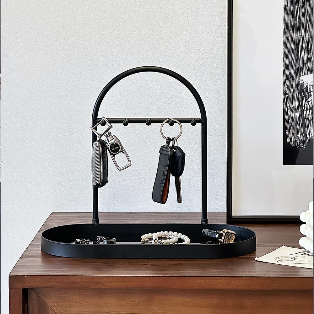 Shinpuru Metal Jewelry Organizer Stand & Key Holder Tray with Acrylic Base, Key Stand and Jewelry Tray with 5 Hooks, Perfect Key Bowl, Valet Key Tray, Ring Holder, Jewelry Dish (Silver Black)