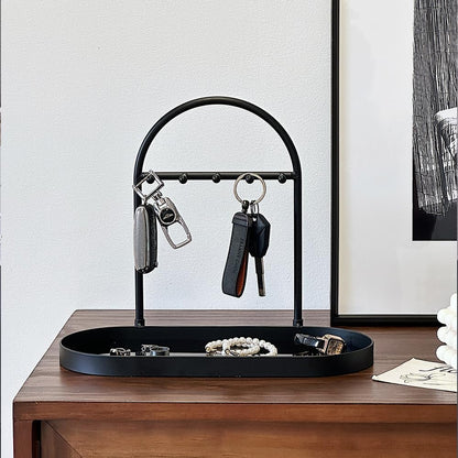 Shinpuru Metal Jewelry Organizer Stand & Key Holder Tray with Acrylic Base, Key Stand and Jewelry Tray with 5 Hooks, Perfect Key Bowl, Valet Key Tray, Ring Holder, Jewelry Dish (Silver Black)