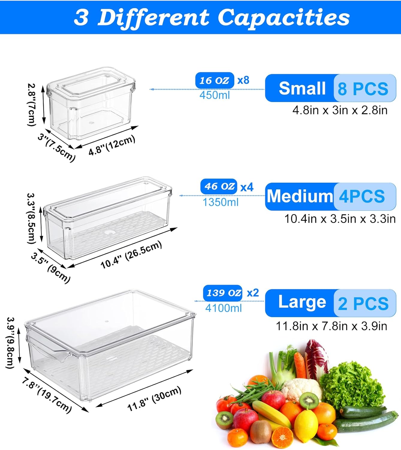 KUMD 10-Pack Clear Fridge Organizer Bins with Lids, Stackable Refrigerator Storage Containers, BPA-Free with Drain Tray & Anti-Slip Base for Fruits, Veggies, Drinks