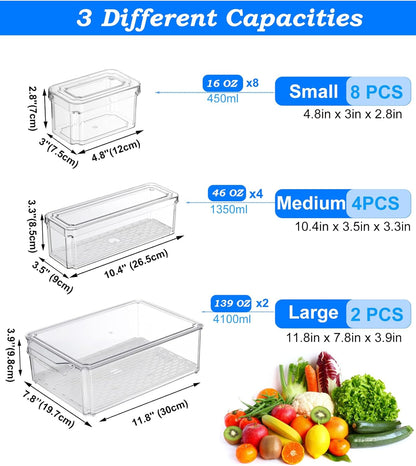 KUMD 10-Pack Clear Fridge Organizer Bins with Lids, Stackable Refrigerator Storage Containers, BPA-Free with Drain Tray & Anti-Slip Base for Fruits, Veggies, Drinks