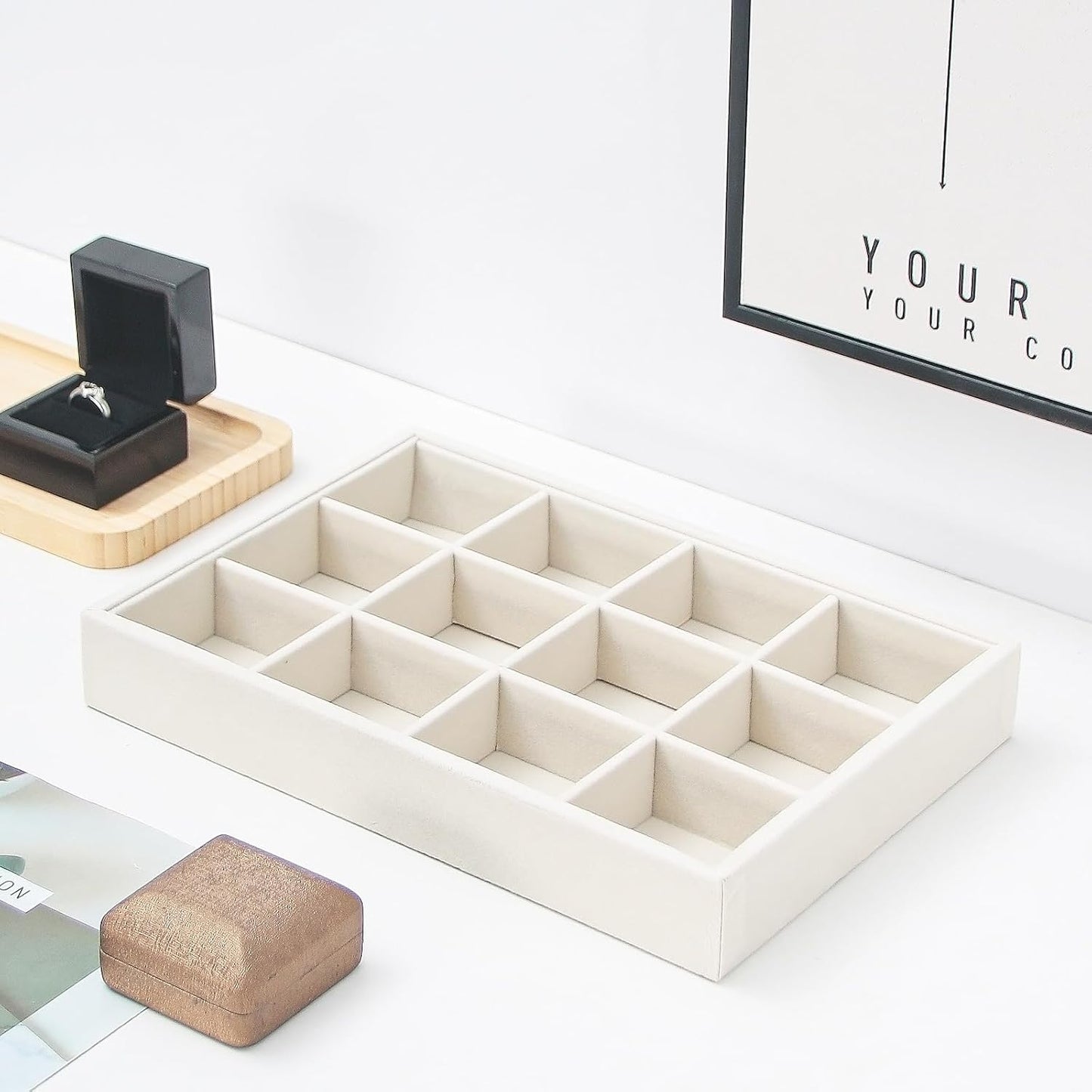 Bedside Organizer - Multi-use Nightstand & Desk-top Catchall Tray for Jewelry, Sunglasses, Phone, Watch, Perfume, Lipstick (Beige 3Grid)