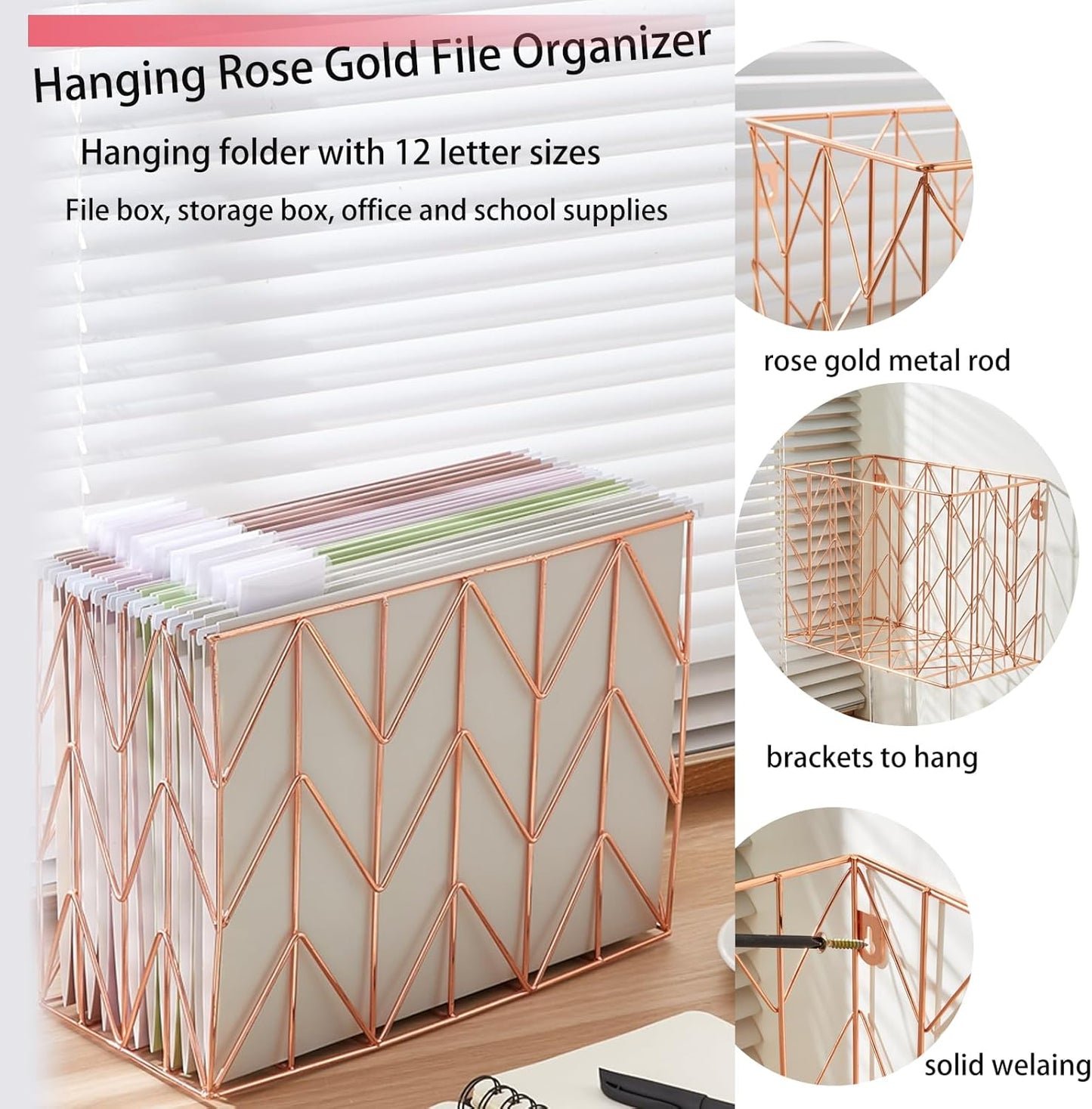 Hanging Rose Gold File Organizer, equipped with a 6-piece set of rose gold desktop accessories