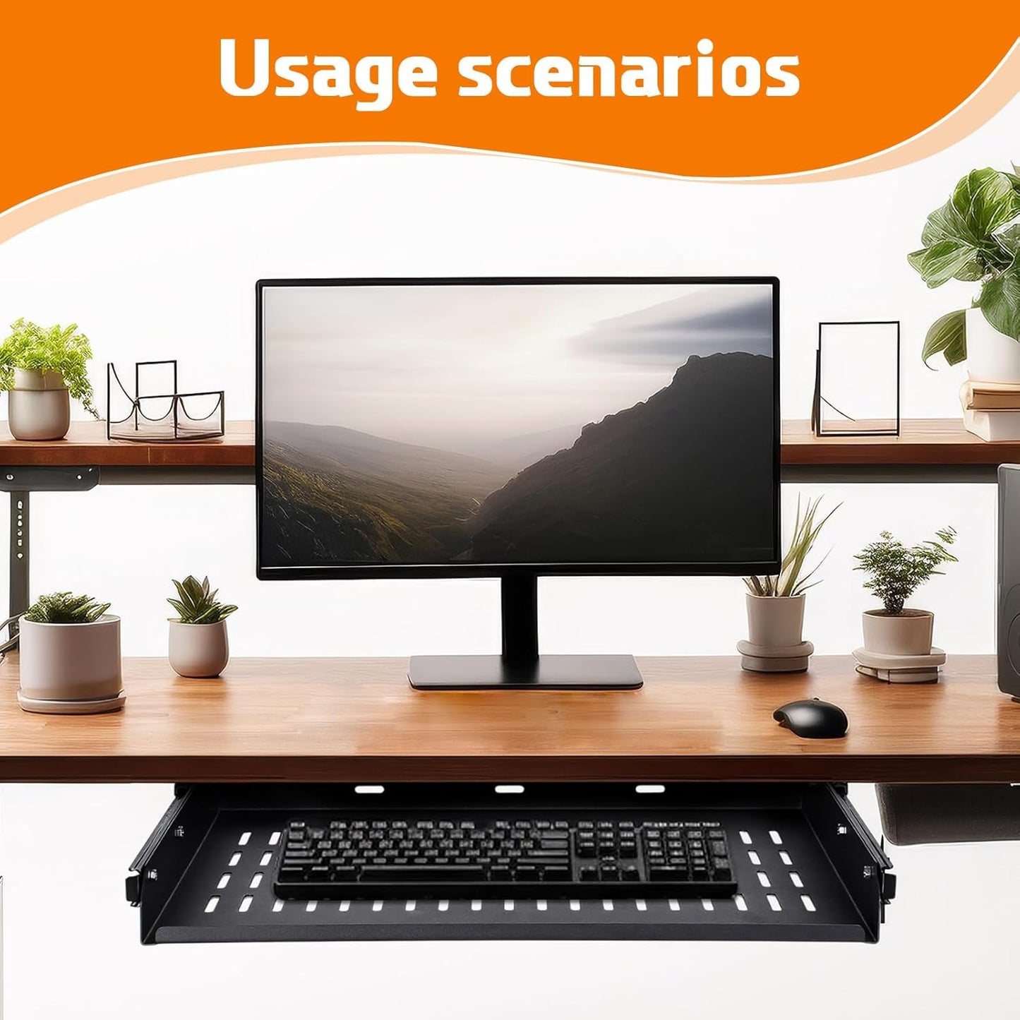 Sliding Under Desk Laptop Mount Shelf with Air Vents 16.3" W x 12" D Metal Under Desk Slide Out Tray Laptop Storage Tray for Home Office Standing Desks Workstations Cabinet Gaming