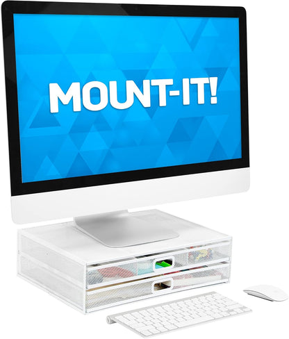 Mount-It! Mesh Computer Monitor Stand Riser [Metal] Desk Organizer with Two Pullout Storage Drawers for Desktop, Laptop, and Printer Accessories and Office Supplies (White)